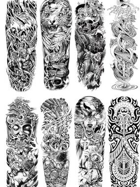 NEW 8pc Full Arm Temporary Tattoo Sleeve Set Black Realistic (Wolf/Skull/Dragon)